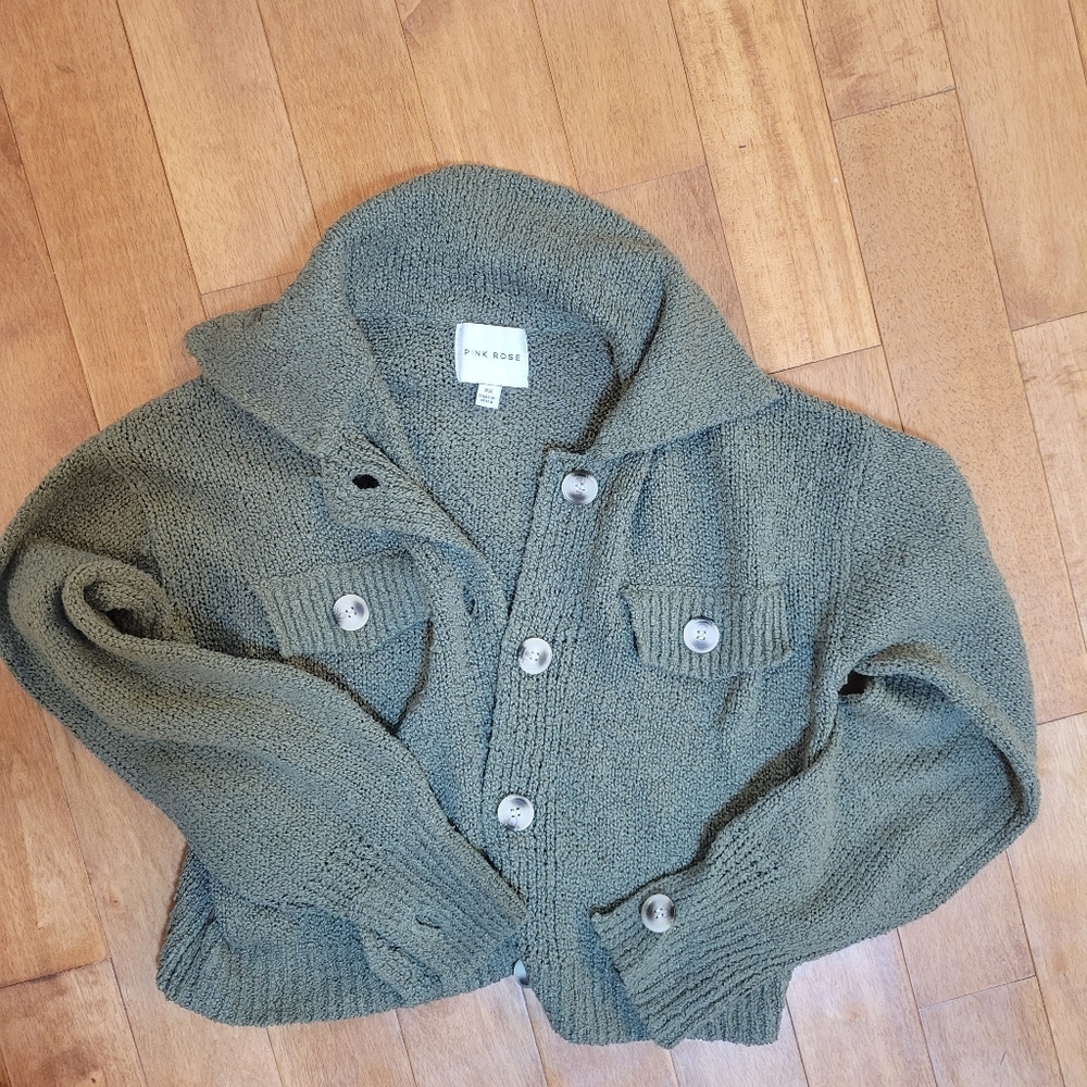 Pink Rose Olive Green Chunky Knit Button Front Cardigan Size XS - Picture 3 of 4